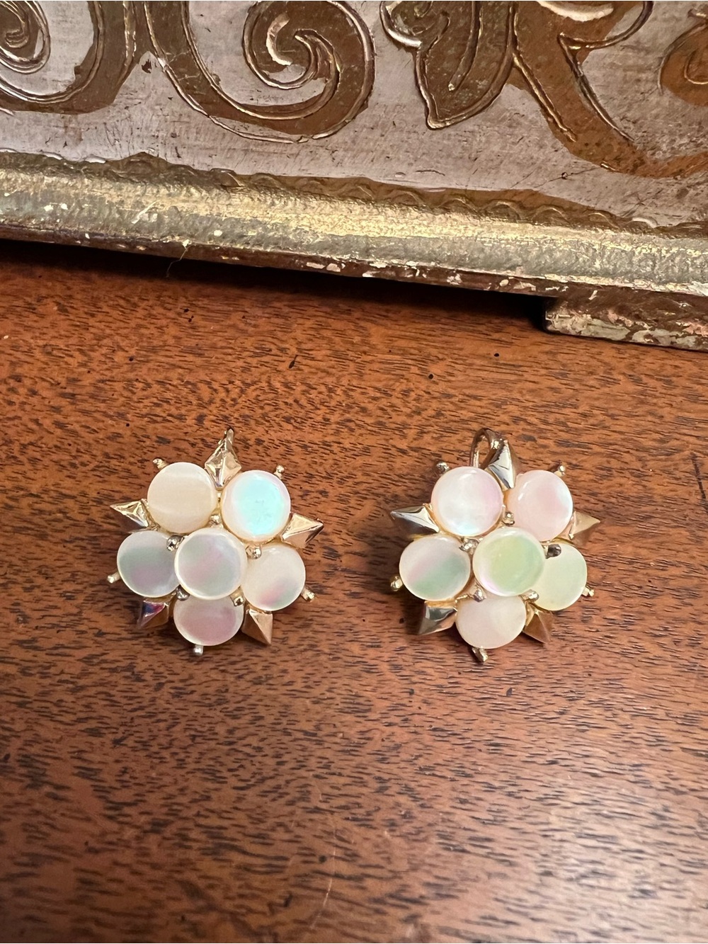 Vintage Gold Floral Opal Disc Clip-On Screwback Earrings